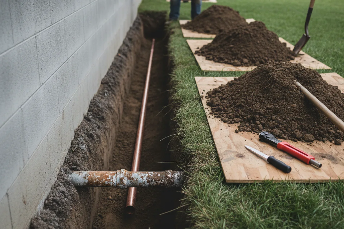 Excavated water line trench during Sewer Line Repair in Labelle